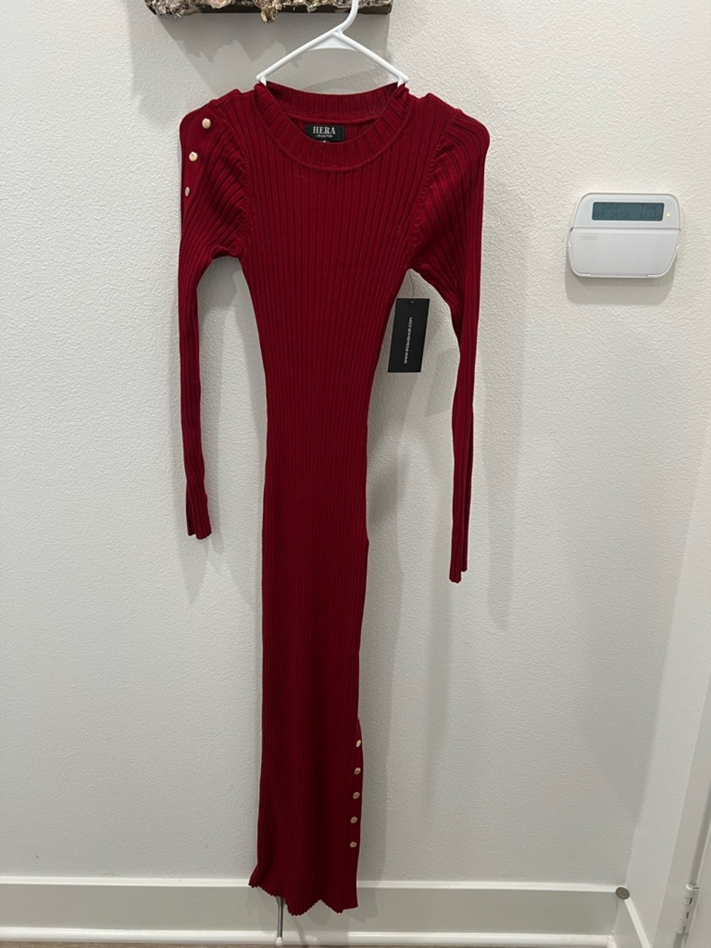 Hera Collection Ribbed Long Sleeve Maxi Dress in Deep Red with Gold Buttons